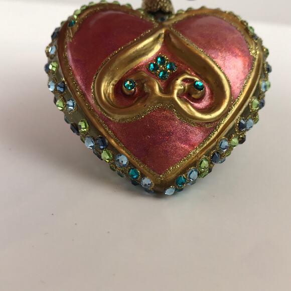 Jay Strongwater Heart Ornament Blown Glass Hand Painted Swarovski Detail Glitter - Picture 7 of 13